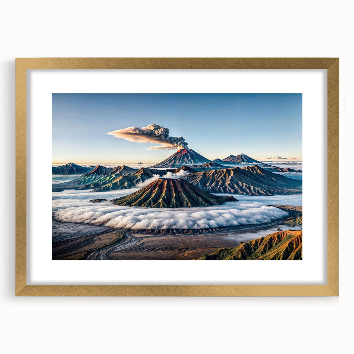 Extra large abstract art print featuring textured scenery of Indonesia in muted earth tones, framed in gold.