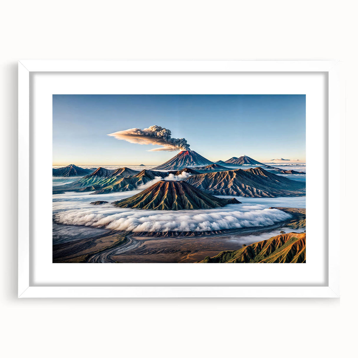 Abstract art print of Indonesian scenery in muted earth tones on a white framed poster, suitable for dining room decor.