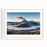 Abstract art print of Indonesian scenery in muted earth tones on a white framed poster, suitable for dining room decor.