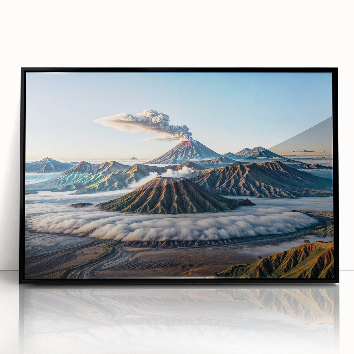 Large abstract wall art depicting an Indonesian landscape in muted earth tones on a framed acrylic panel.