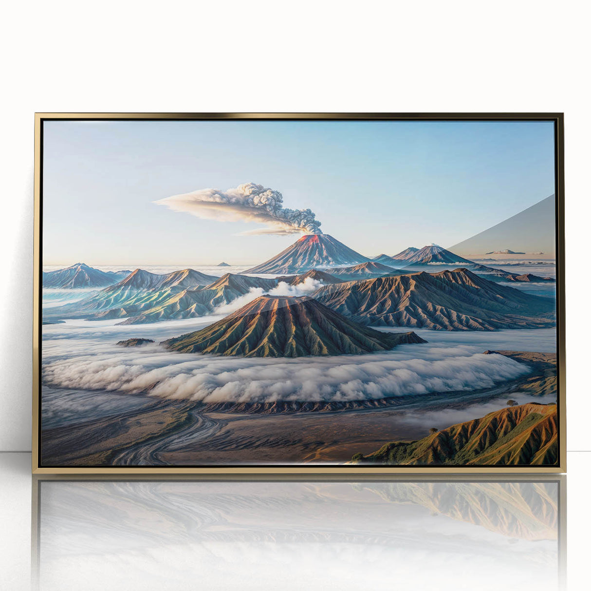 Large art print of a serene Indonesian landscape in muted green and blue tones, framed in gold acrylic.