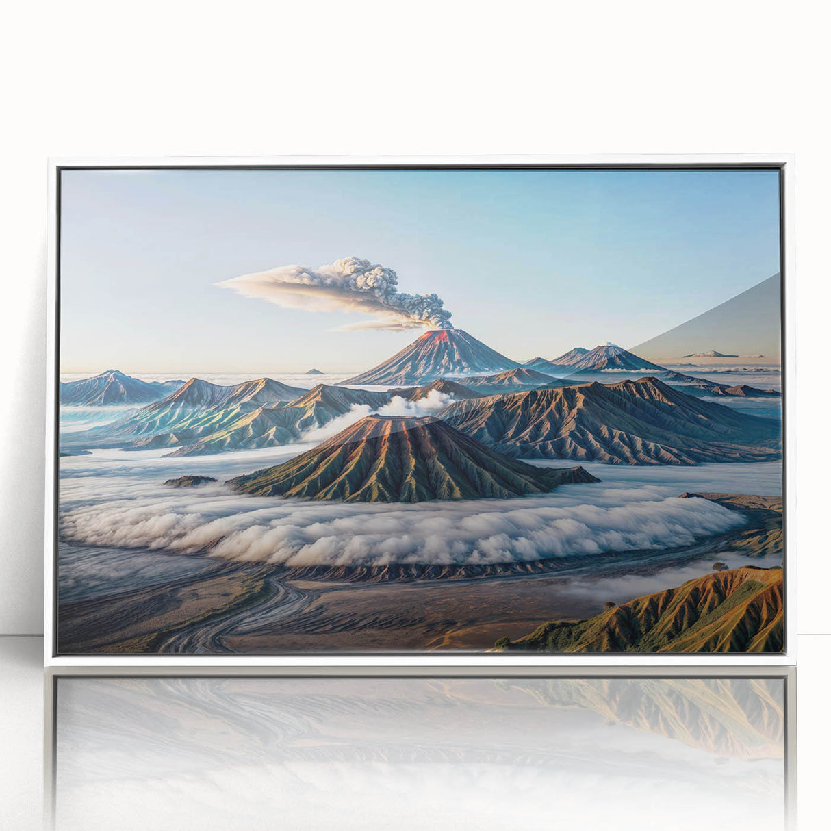 Acrylic print of a serene Indonesian landscape in muted green and blue tones, ideal for modern art wall decor.