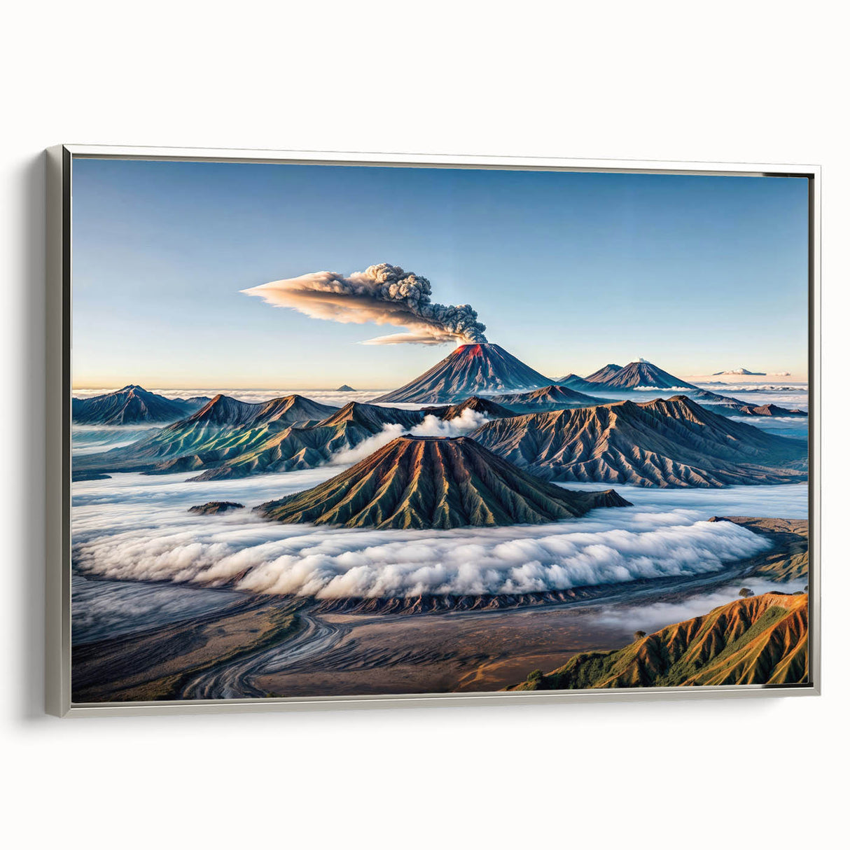 Landscape art painting of an Indonesian scenery on framed canvas, featuring vibrant colors with a vintage poster style.
