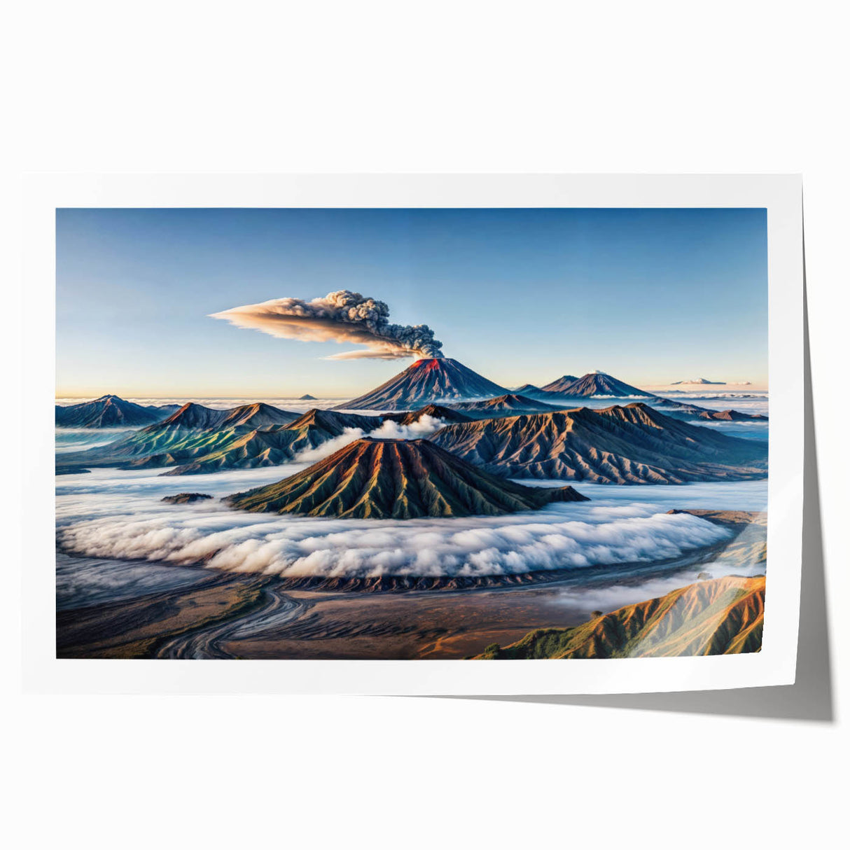 Rolled canvas print featuring a serene Indonesian landscape with lush greenery and distant mountains.
