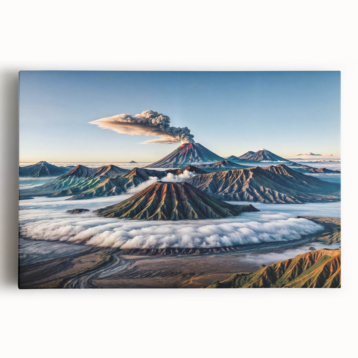 Black and white photograph of a serene Indonesian landscape on large stretched canvas, ideal for kitchen wall art.