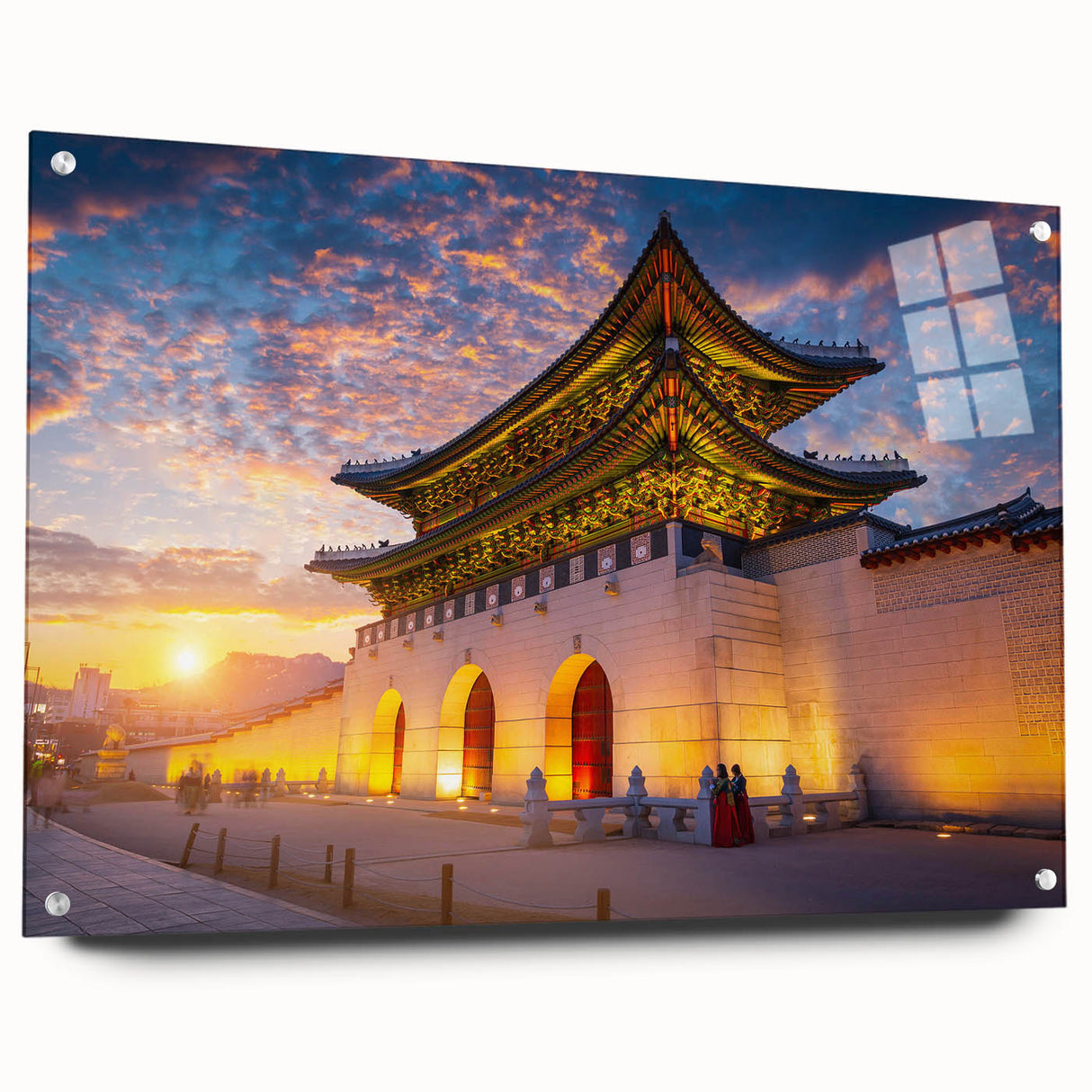 Large abstract wall art depicting an Asian landscape in muted earth tones, printed on acrylic glass.