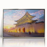 Mid-century modernist art of a serene Korean landscape in muted earth tones, acrylic print framed in silver.