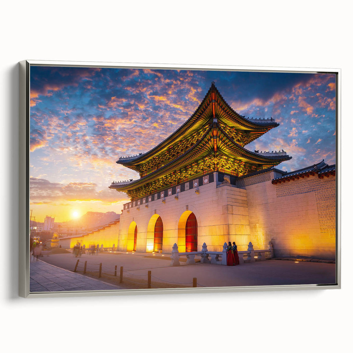 Framed canvas featuring a vintage-style landscape art painting of a Korean scenery in vibrant colors on a black background.
