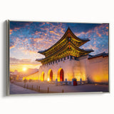 Framed canvas featuring a vintage-style landscape art painting of a Korean scenery in vibrant colors on a black background.