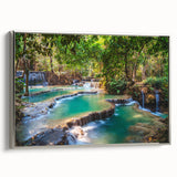 Landscape art painting featuring a serene Laos scenery in colorful hues on a silver-framed canvas.