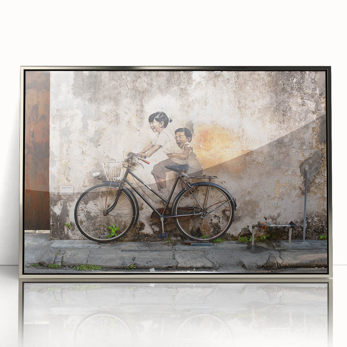 Mid-century modernist art depicting a Malaysian landscape in muted earth tones, presented in a silver-framed acrylic print.