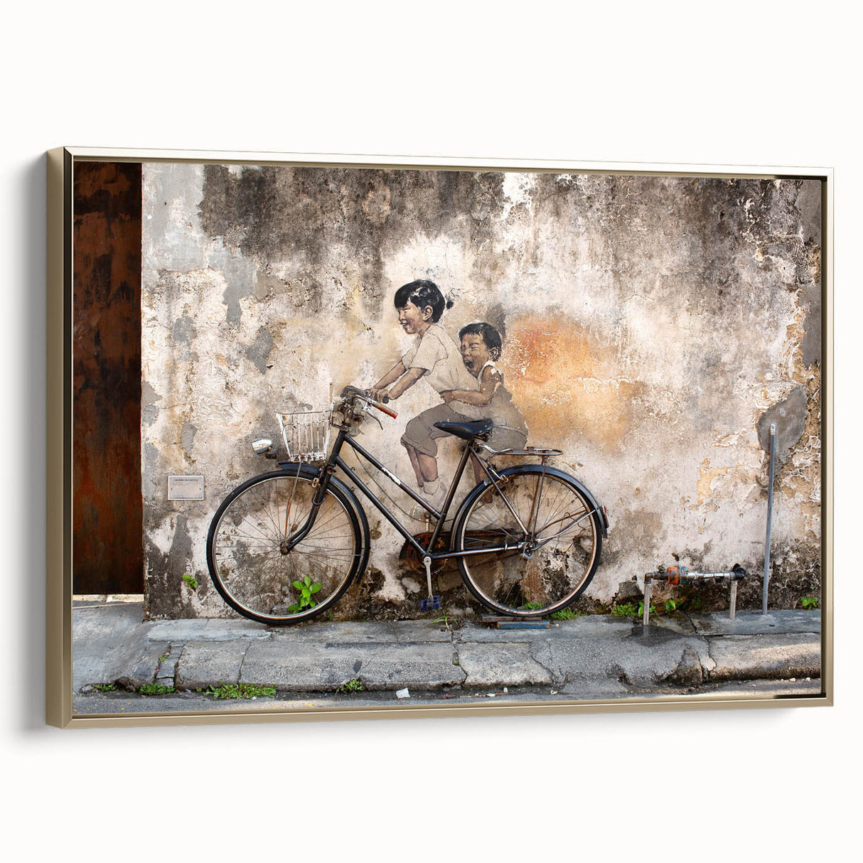 Framed canvas depicting a vintage-style Malaysian landscape in muted gold and black tones, suitable for bedroom wall art.