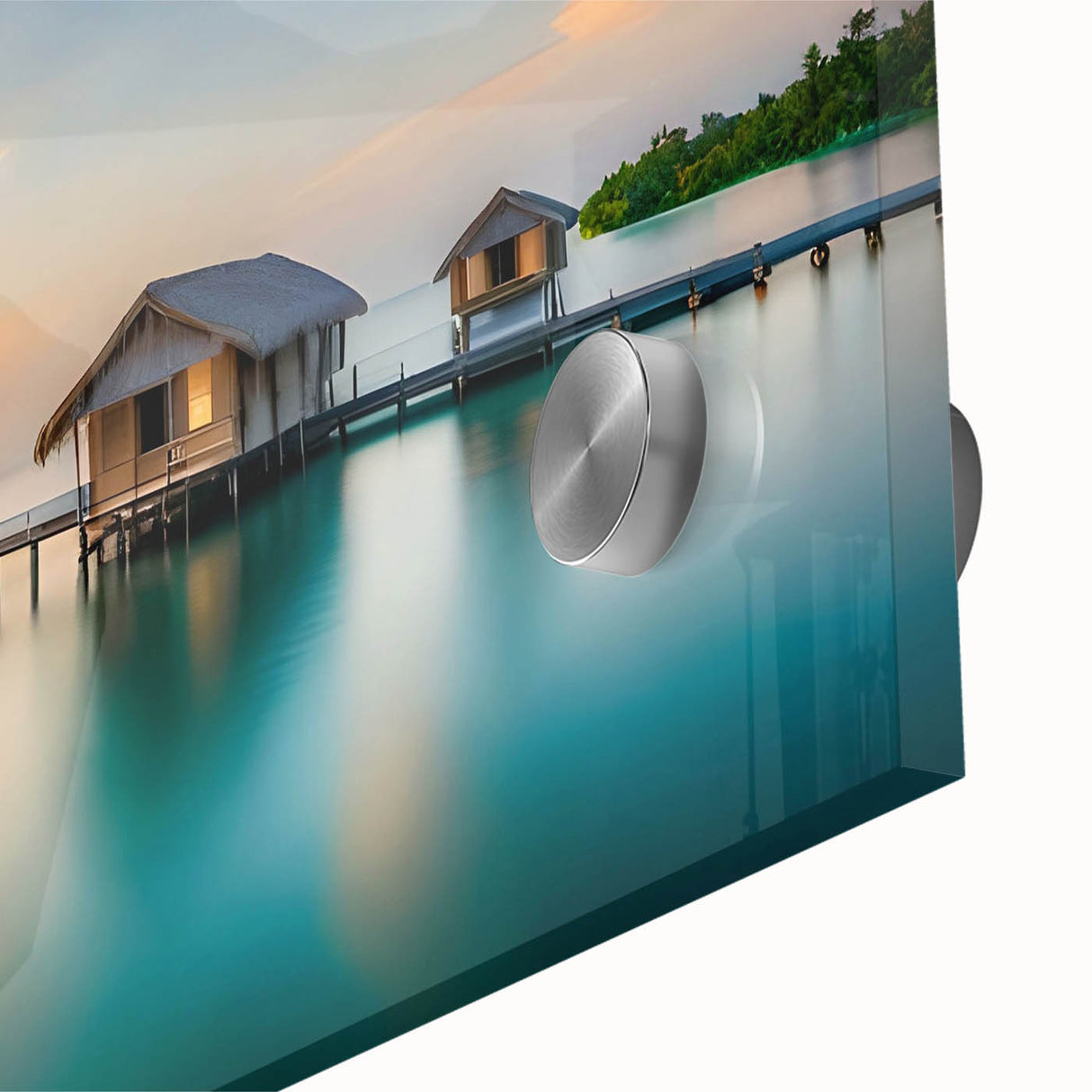 Large abstract wall art of Maldives scenery in mid-century modernist style on acrylic glass, ideal for dining room decor.