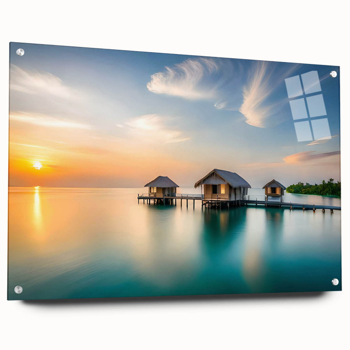 Large abstract wall art of the Maldives on acrylic glass, featuring serene blue and turquoise hues.