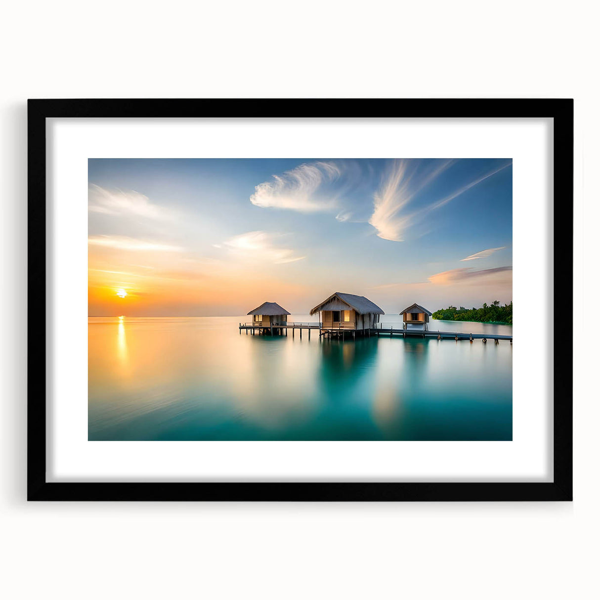 Extra large abstract art print depicting a colorful Maldivian scenery on a textured canvas, framed in black.