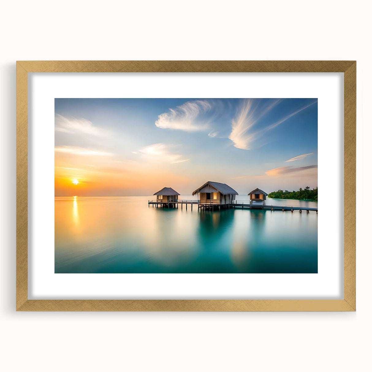 Extra large abstract art print depicting a textured Maldives scenery in muted oceanic blues, framed in gold.