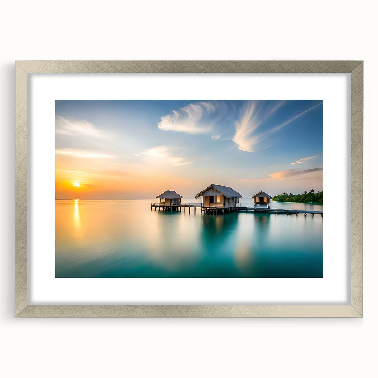 Textured abstract art print of Maldives scenery in muted blue and white tones on a framed silver mat, ideal for bedroom art.
