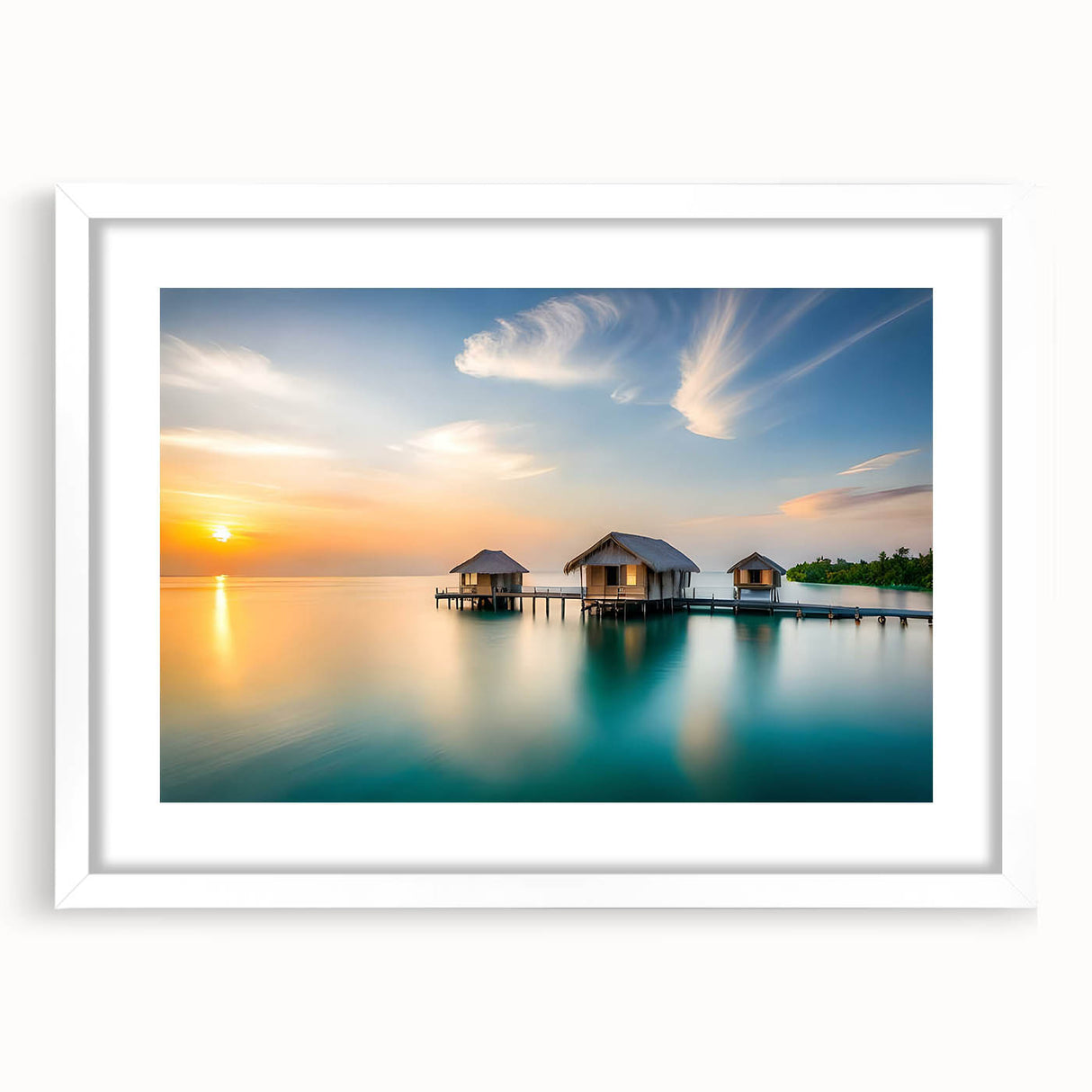 Abstract art print of a serene Maldivian landscape in muted blue tones on a framed white canvas.