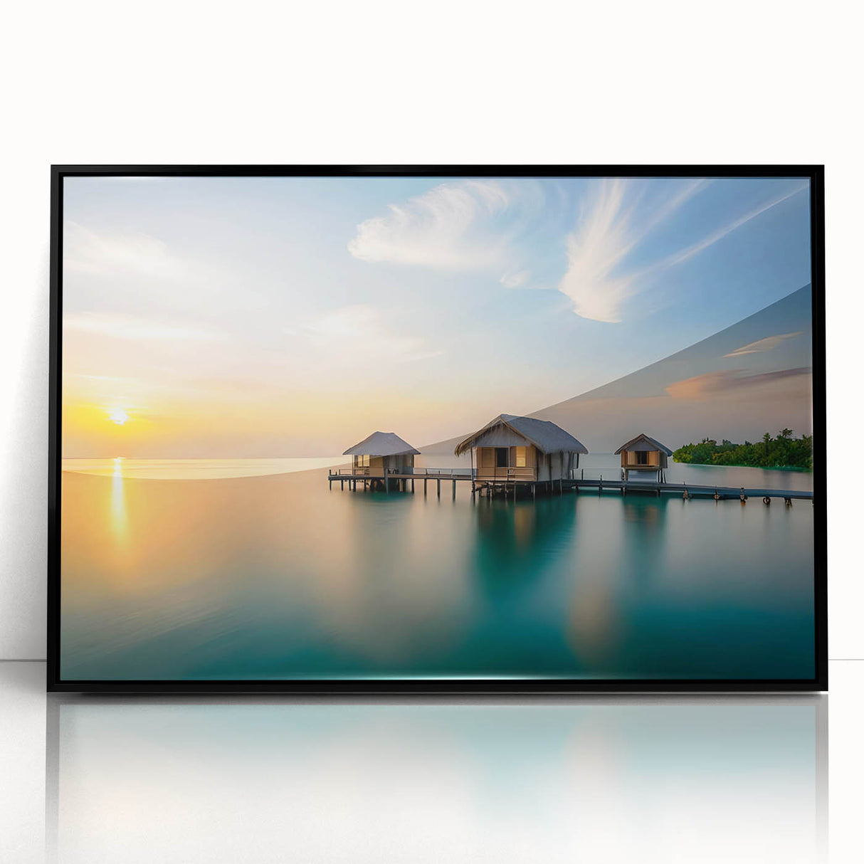 Large abstract wall art depicting a serene Maldivian landscape in muted blue and green tones, framed in black acrylic.