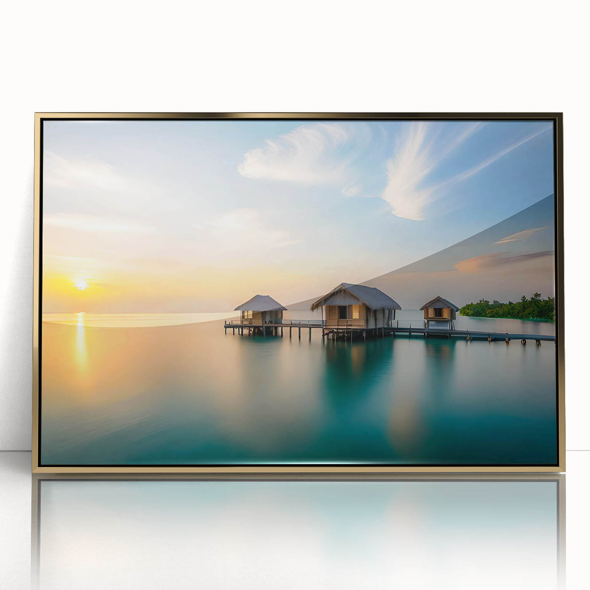 Large art print of a serene Maldivian landscape in muted blue and green hues on a gold-framed acrylic.