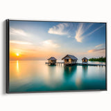 Black and white landscape art painting of the Maldives on a framed canvas, suitable for bedroom decor.