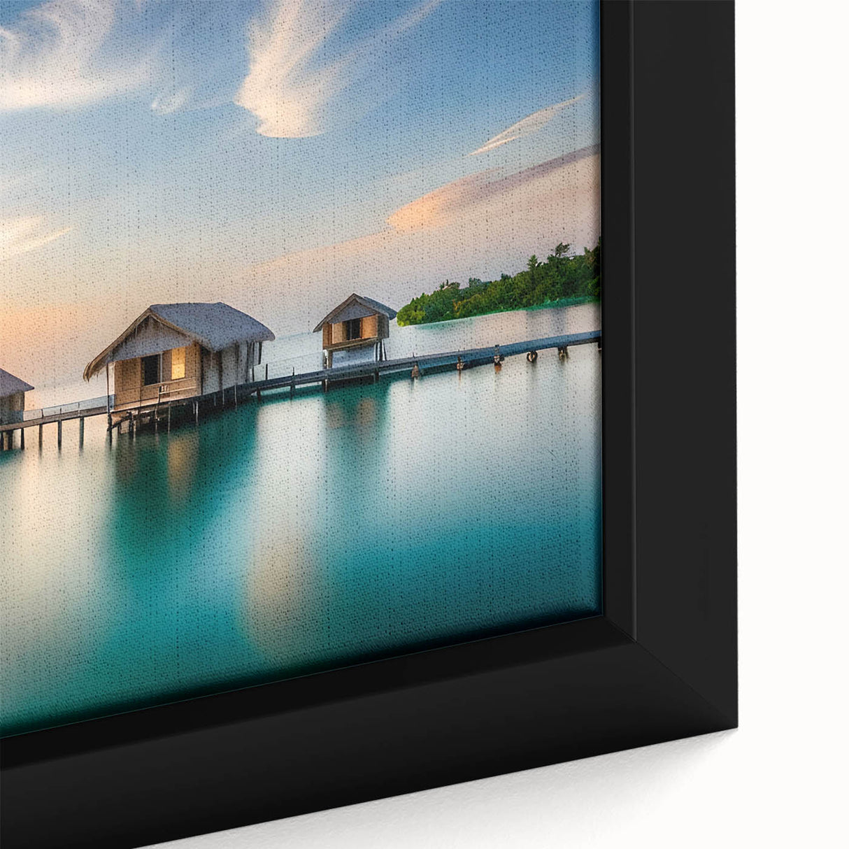 Extra large framed canvas depicting a Maldivian scenery in black with colorful, textured art accents.