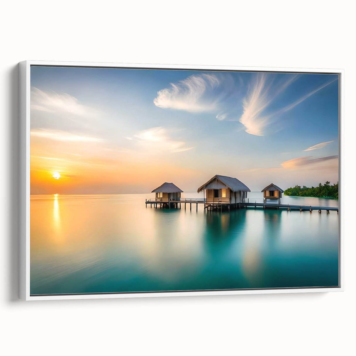Vintage poster art of a Maldivian scenery on a framed canvas, featuring vibrant ocean blues and greens.