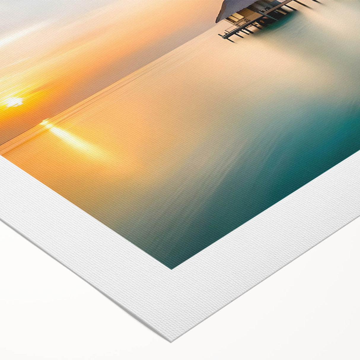 Art deco poster of Maldives scenery on rolled canvas, featuring serene blue and white tones, ideal for dining room wall art.
