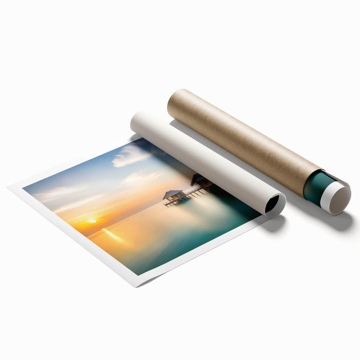 Extra large rolled print featuring a serene Maldivian landscape with vibrant blues and greens.
