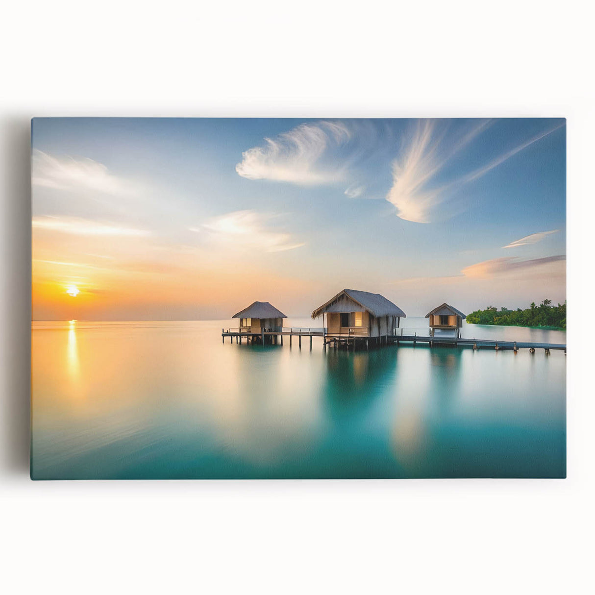 Black and white large art print of Maldives scenery on stretched canvas, suitable for kitchen wall art.