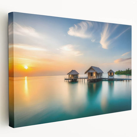 Large canvas print depicting a tranquil Maldives beach scene in soft blue and white tones, suitable for kitchen wall art.