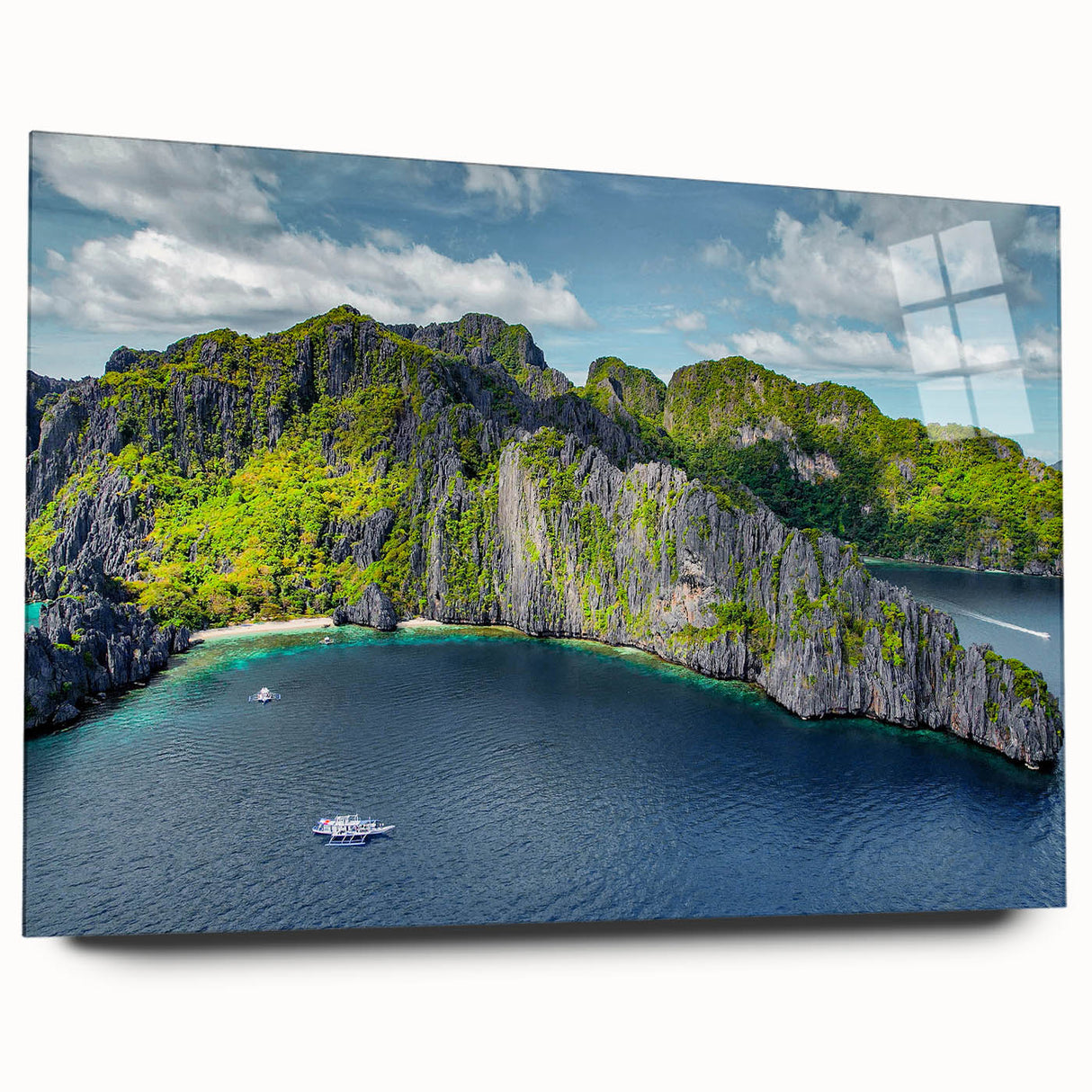 Large abstract wall art featuring a serene Philippine landscape in muted green and blue tones on acrylic glass.