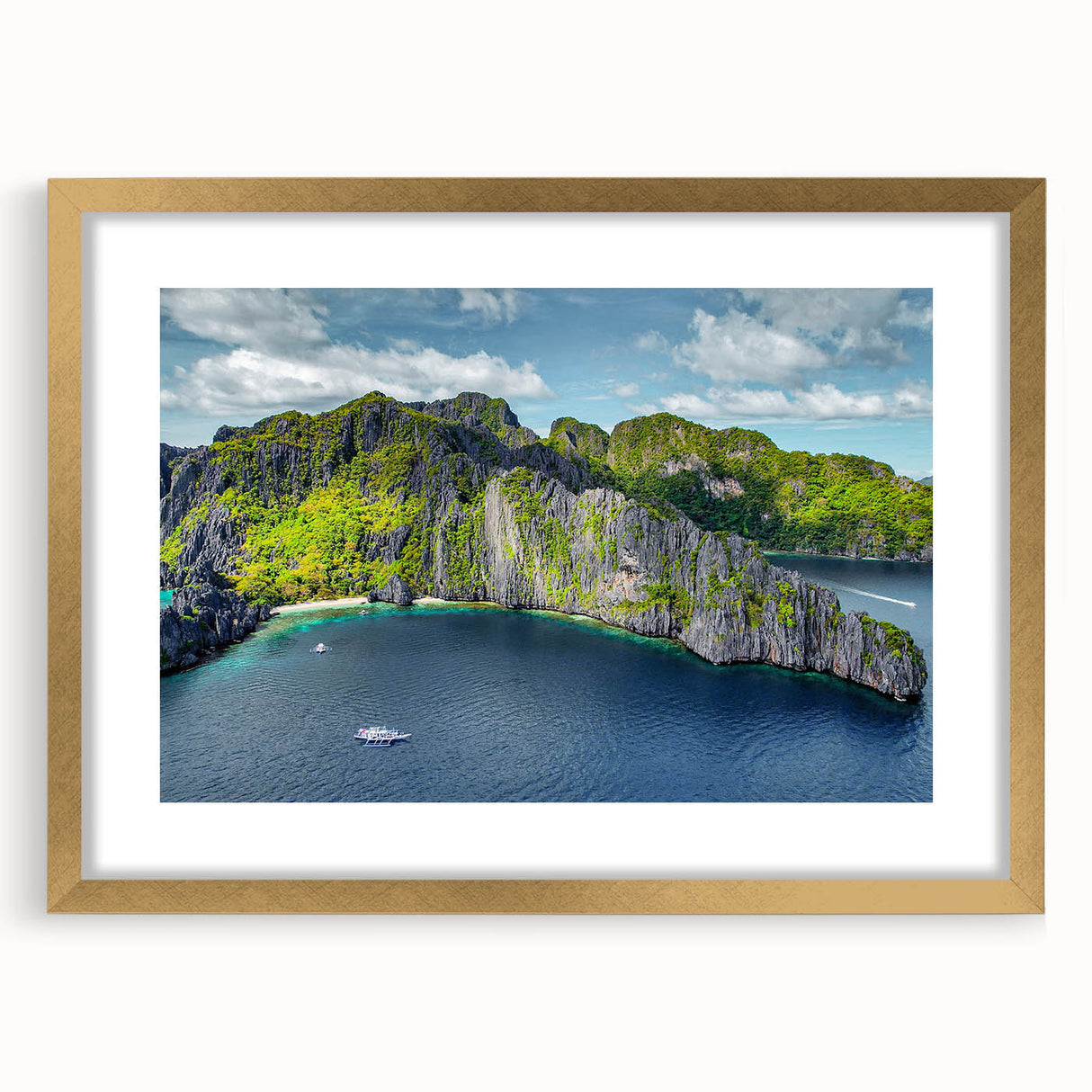 Extra large abstract art print depicting textured scenery of the Philippines in a gold frame, suited for living room decor.