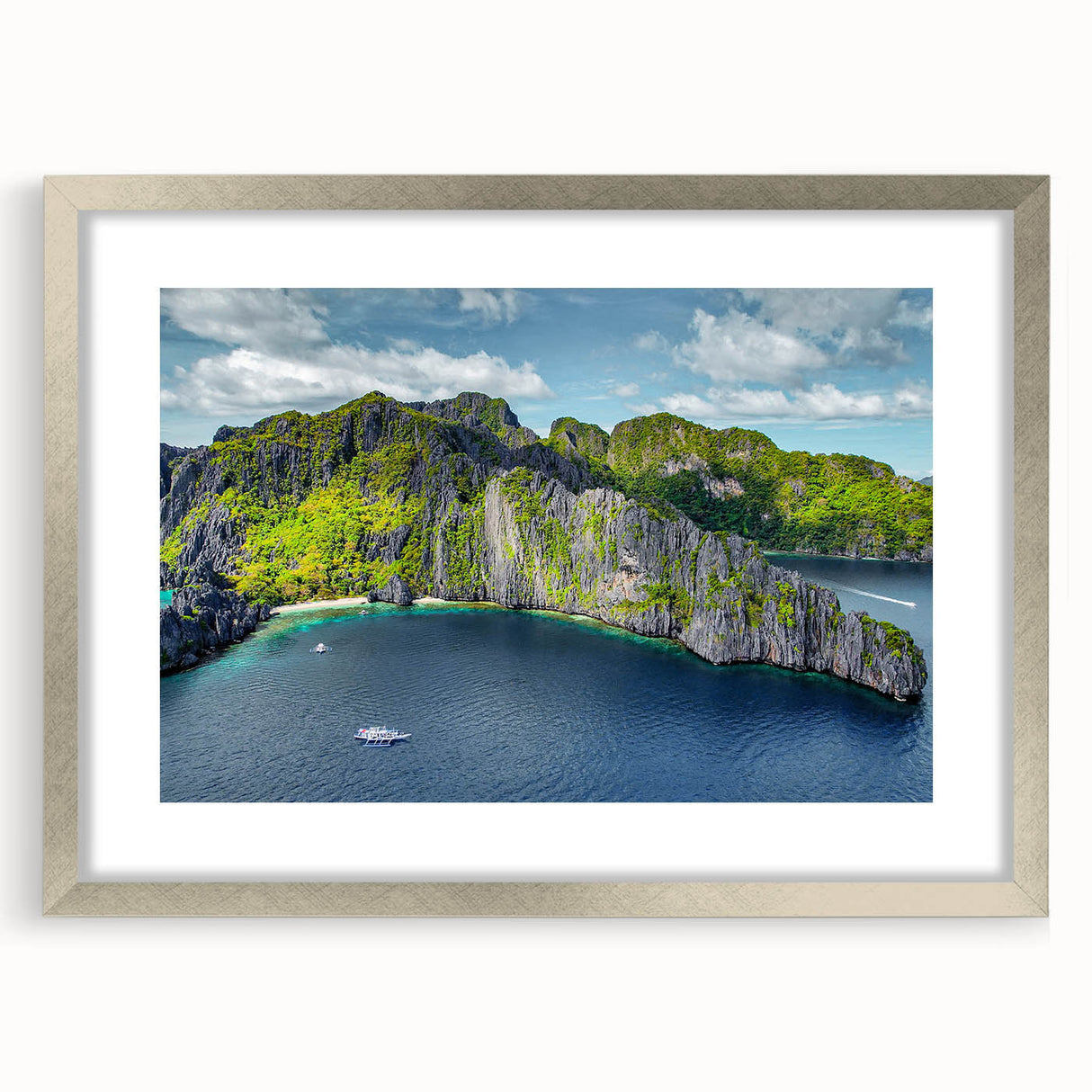 Textured abstract art print of a serene Philippine landscape in muted earth tones, framed in silver, ideal for bedroom art.