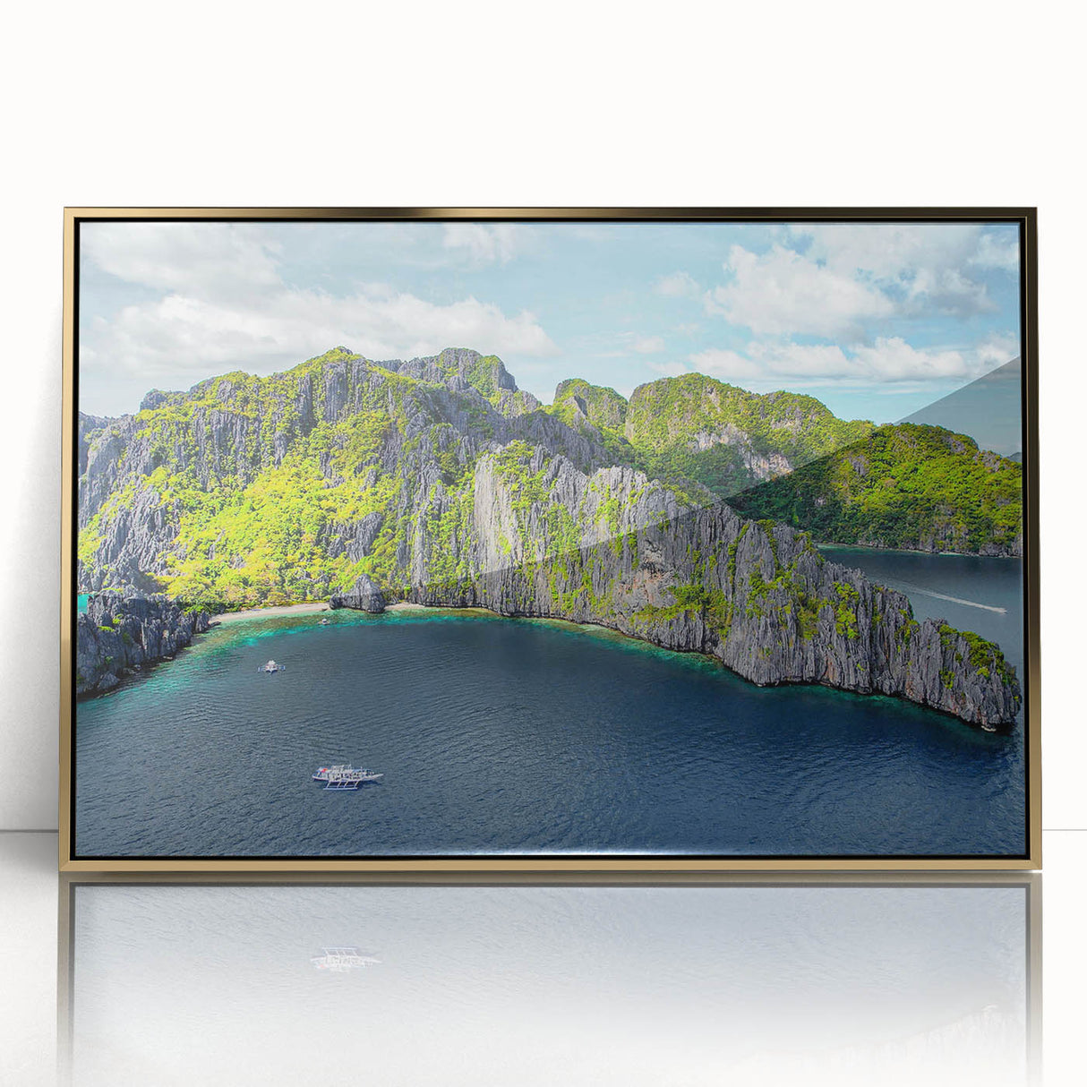 Large art print of a Filipino landscape in gold and green tones on framed acrylic, suited for modern art wall decor.