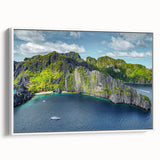 Vintage poster art of a Philippine landscape on a framed canvas, featuring vibrant colors, ideal for living room decor.