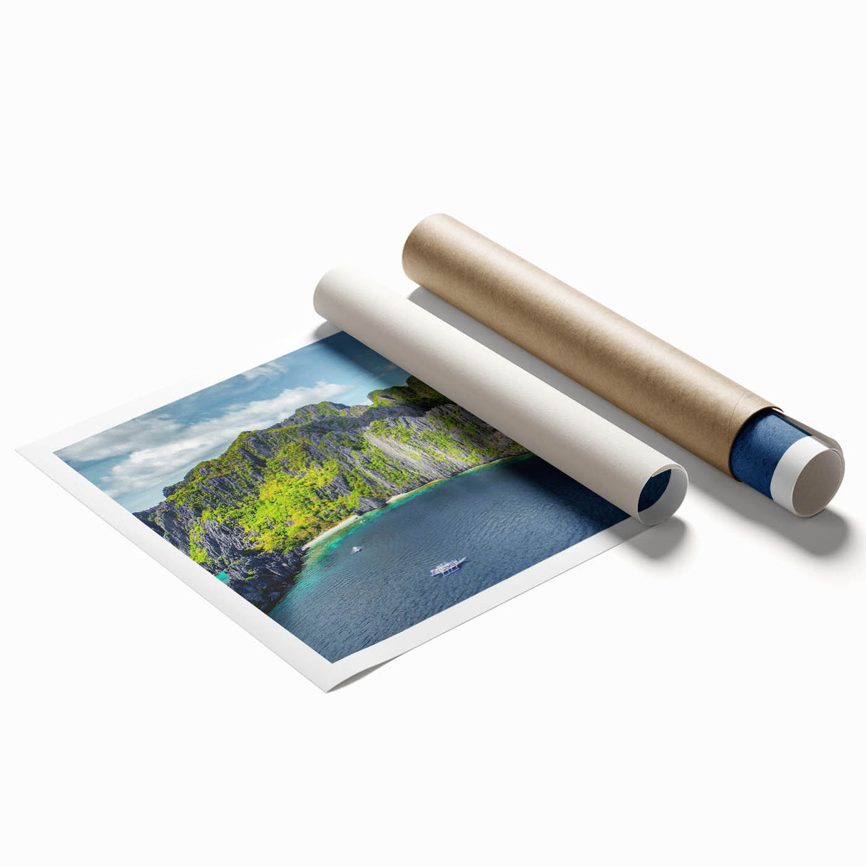 Extra large rolled print of a serene Philippine landscape with lush floral elements in soft green and blue tones.