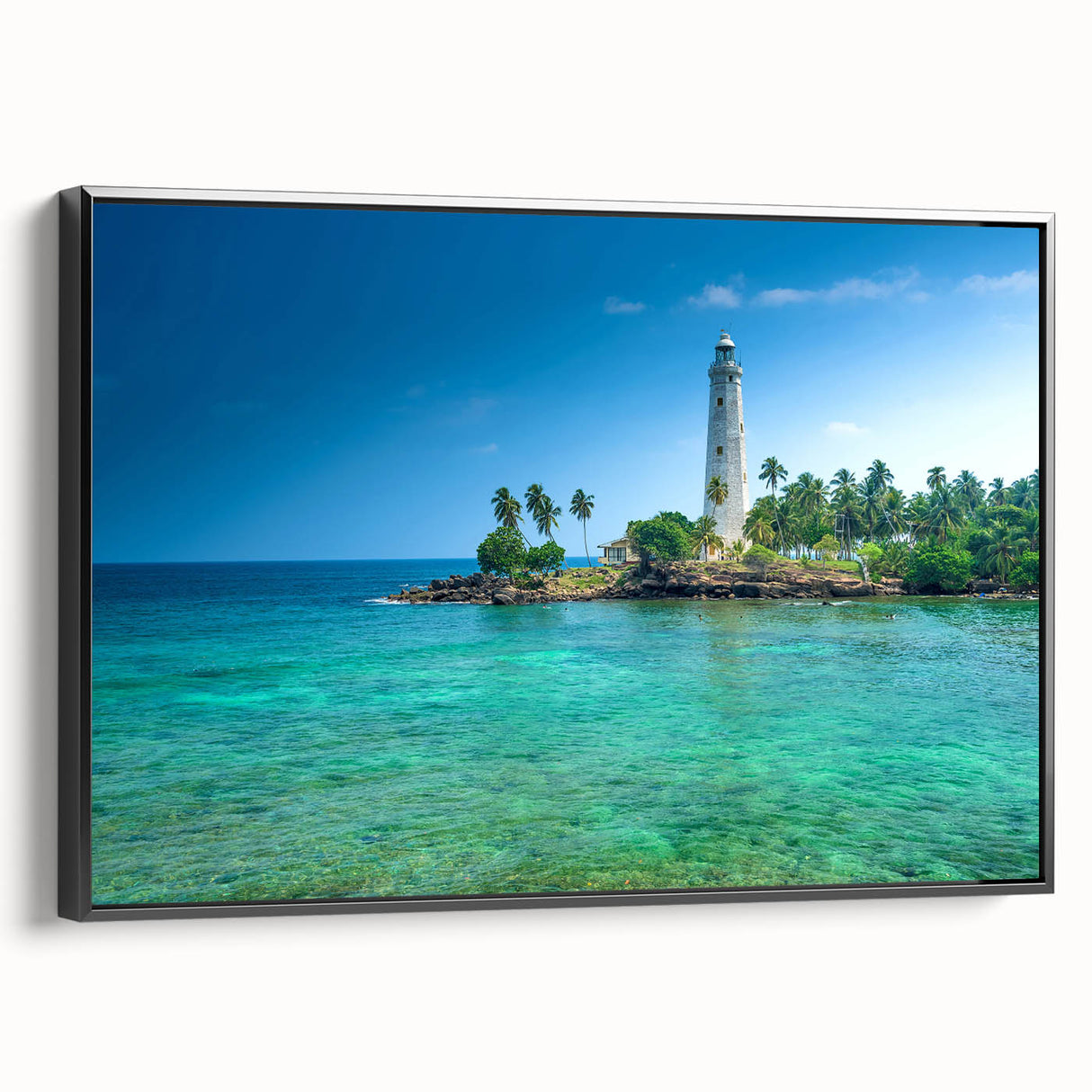 Black and white framed canvas of a Sri Lankan landscape, ideal for bedroom wall art.