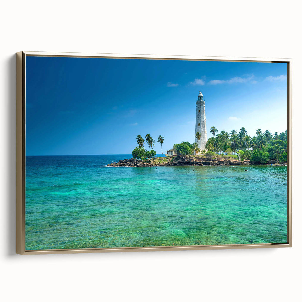 Framed canvas featuring a vintage-style landscape painting of Sri Lanka, with muted gold and black tones.