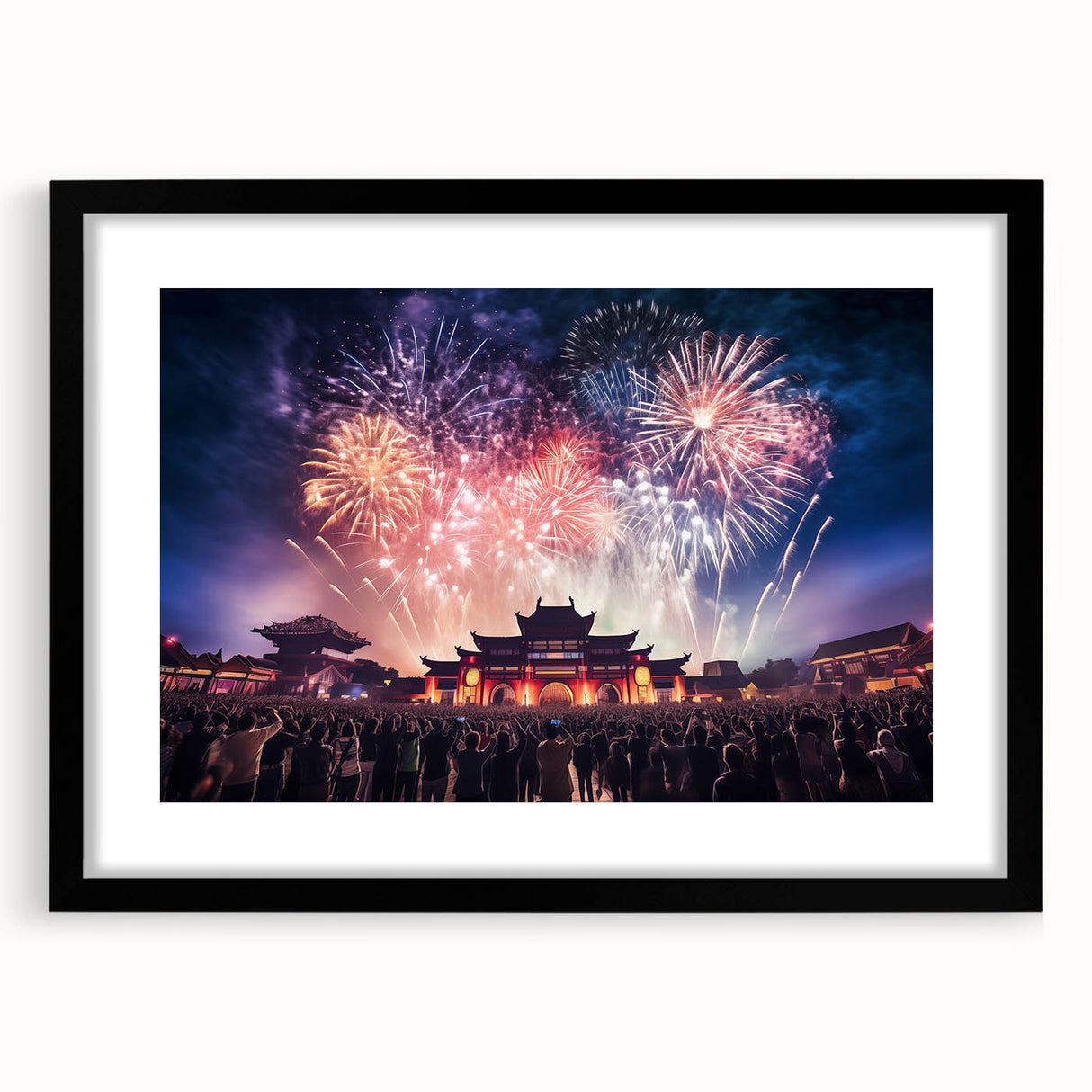 Extra large abstract art print of vibrant, colorful Taiwanese scenery on textured canvas, framed in black.