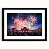 Extra large abstract art print of vibrant, colorful Taiwanese scenery on textured canvas, framed in black.