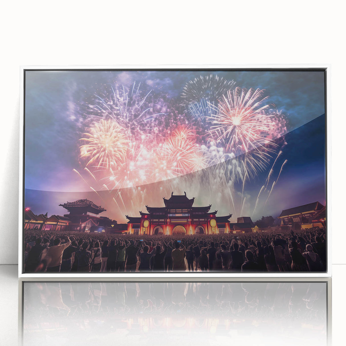 Acrylic print of a serene Taiwanese landscape in muted green and blue tones, framed in white.