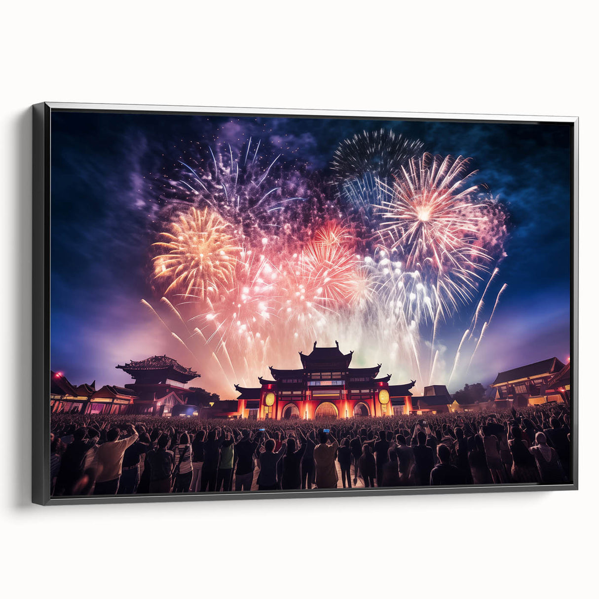 Framed canvas of a black and white vintage landscape painting depicting Asian scenery, ideal for bedroom wall art.