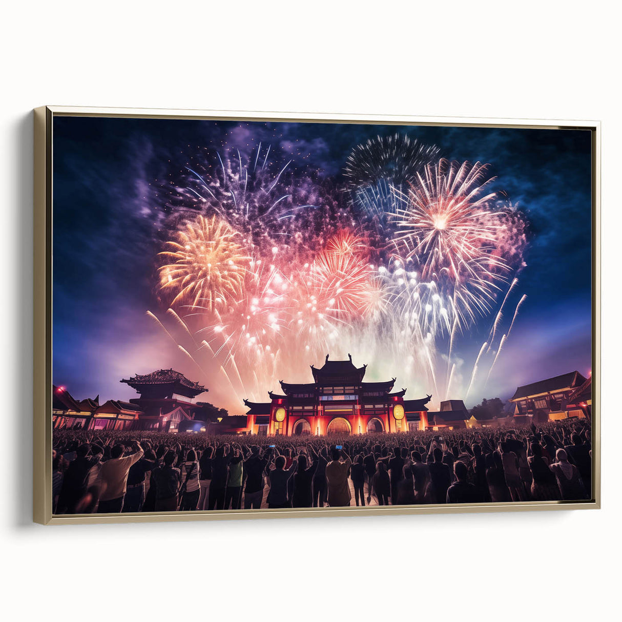 Framed canvas of a vintage-style Taiwanese landscape in black and gold tones, ideal for bedroom decor.