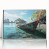 Acrylic print of a serene Thailand landscape in muted greens and blues, framed in white, suitable for modern art wall decor.