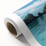 A serene Asian landscape in pastel shades on rolled canvas, suitable as nursery wall art or in a dining room.