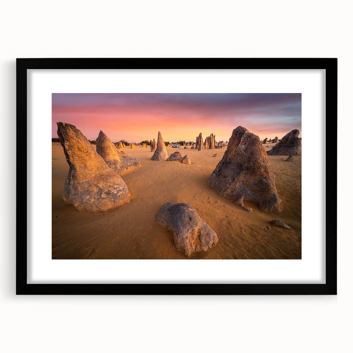 Extra large abstract art print of Perth scenery in vibrant colors on a textured canvas, framed in black.