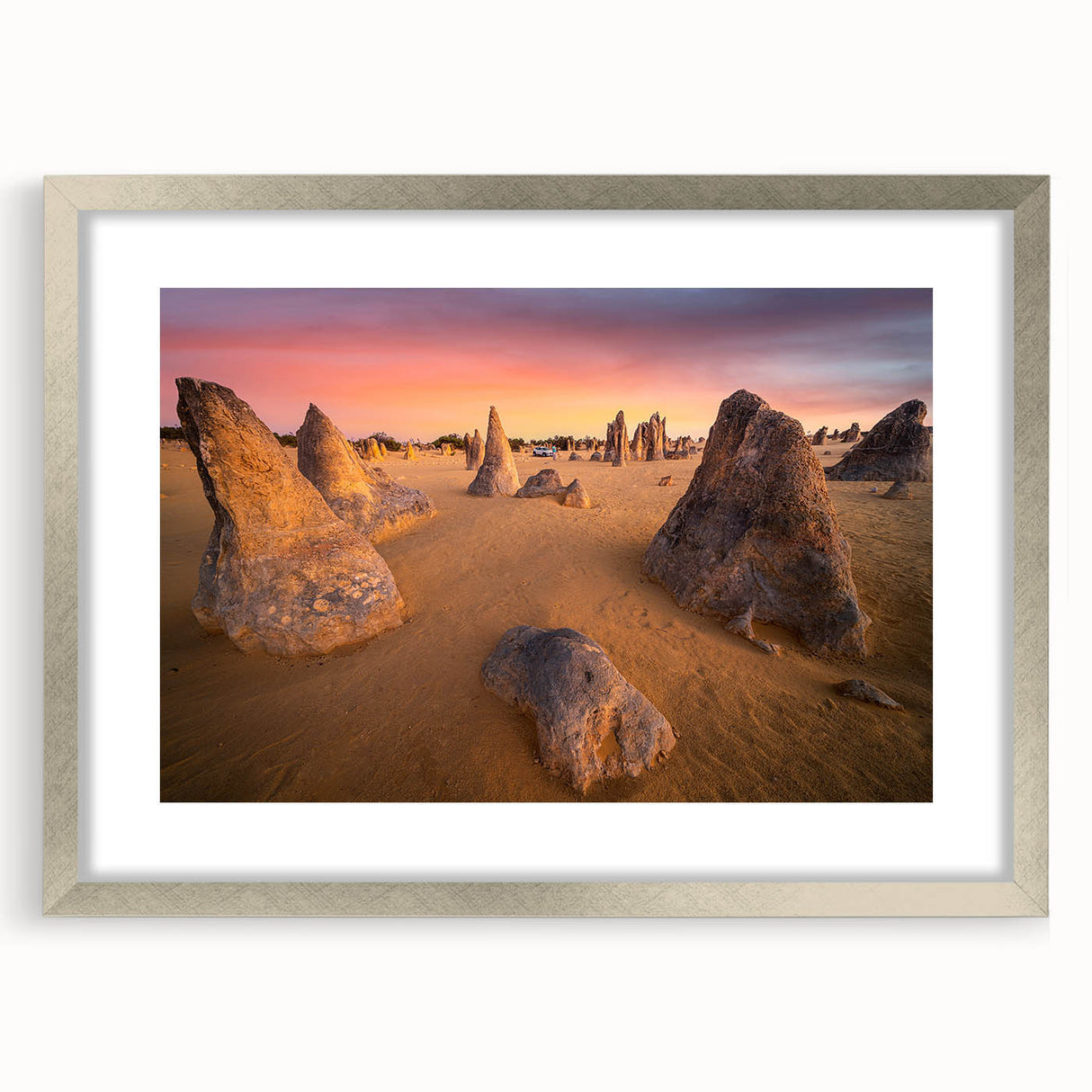 Abstract art print of Perth, Australia in muted gray and blue tones on a framed silver canvas.