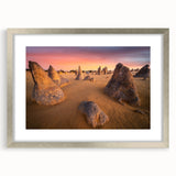 Abstract art print of Perth, Australia in muted gray and blue tones on a framed silver canvas.
