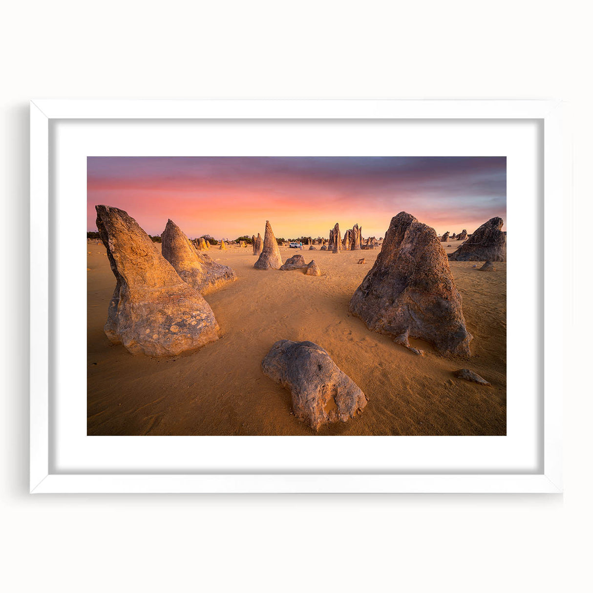 Extra large abstract art print depicting textured scenery of Perth, Australia in muted earth tones, framed with a white mat.